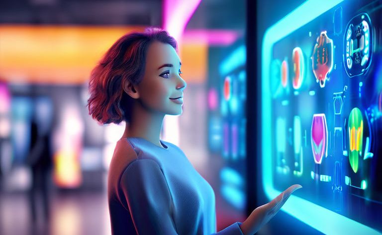 Young woman interacting with a futuristic digital interface displaying colorful holographic data charts and icons in a high-tech environment.