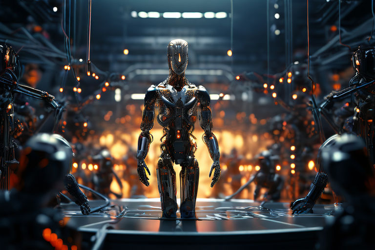 Advanced humanoid robot with a detailed and intricate design, standing prominently in a futuristic factory setting surrounded by similar robots in the background.