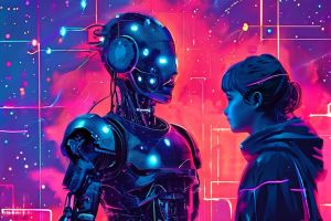 A young girl stands face-to-face with a highly detailed, illuminated robotic figure against a vibrant, neon-pink and blue digital background, symbolizing a futuristic interaction between human and AI.