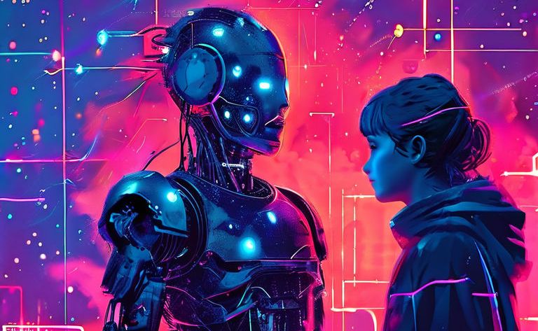 A young girl stands face-to-face with a highly detailed, illuminated robotic figure against a vibrant, neon-pink and blue digital background, symbolizing a futuristic interaction between human and AI.